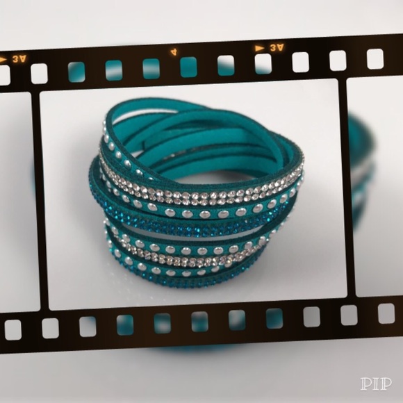 Teal Rhinestone Double Wrap Bracelet - Picture 1 of 2